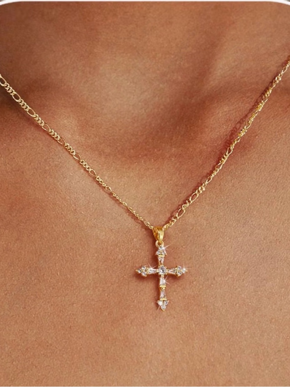 Gold Cross Pendant Necklace with Cubic Zirconia - Women Jewelry